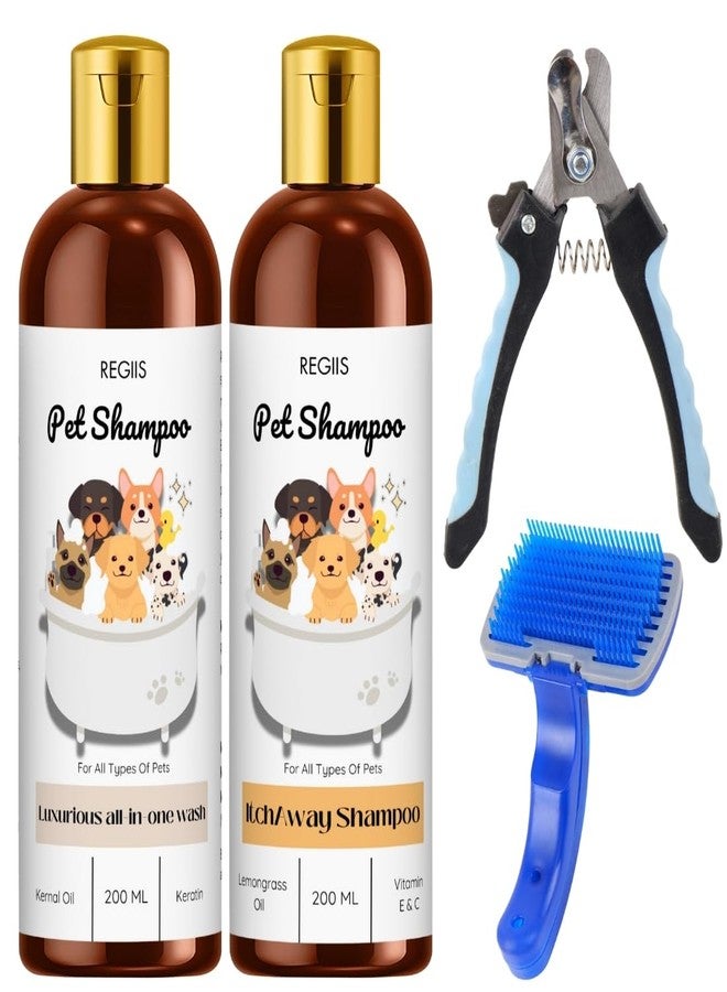 مجموعة شامبو للحيوانات الأليفة مع أدوات العناية، زجاجتان سعة كل منهما 200 مل، تركيبة فاخرة شاملة للغسل وإزالة الحكة، تتضمن مقص أظافر وفرشاة سيليكون للكلاب (عبوة من 4 قطع) - Image 1